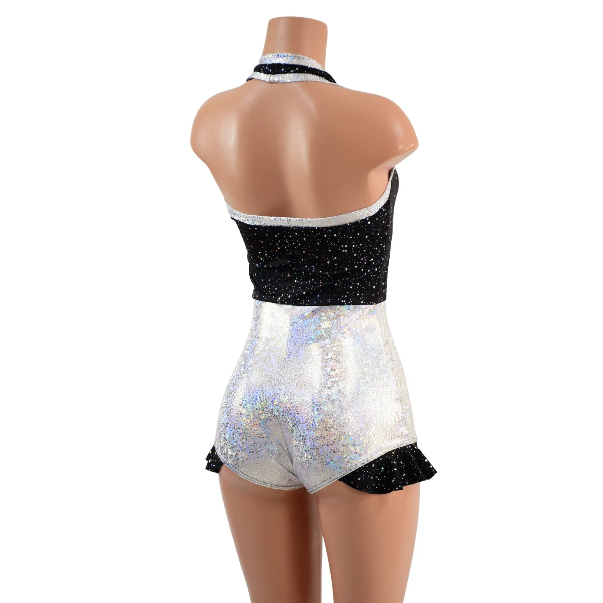 Backless Romper with Hip Ruffles in Star Noir and Silver on White Shattered Glass