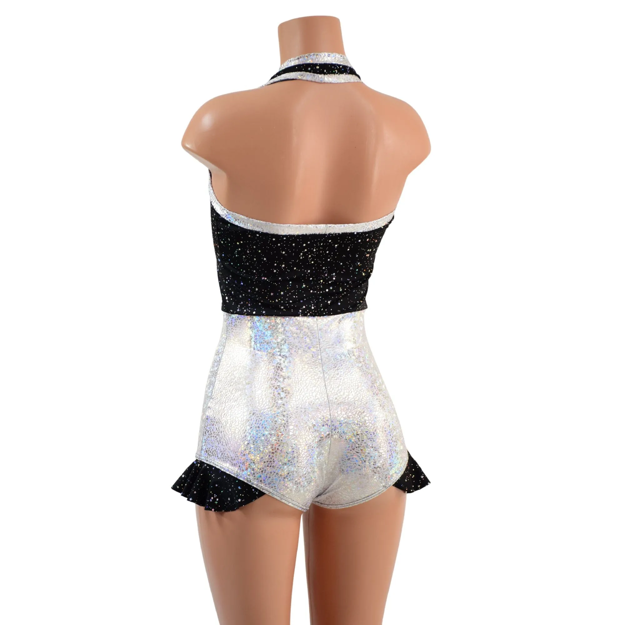 Backless Romper with Hip Ruffles in Star Noir and Silver on White Shattered Glass