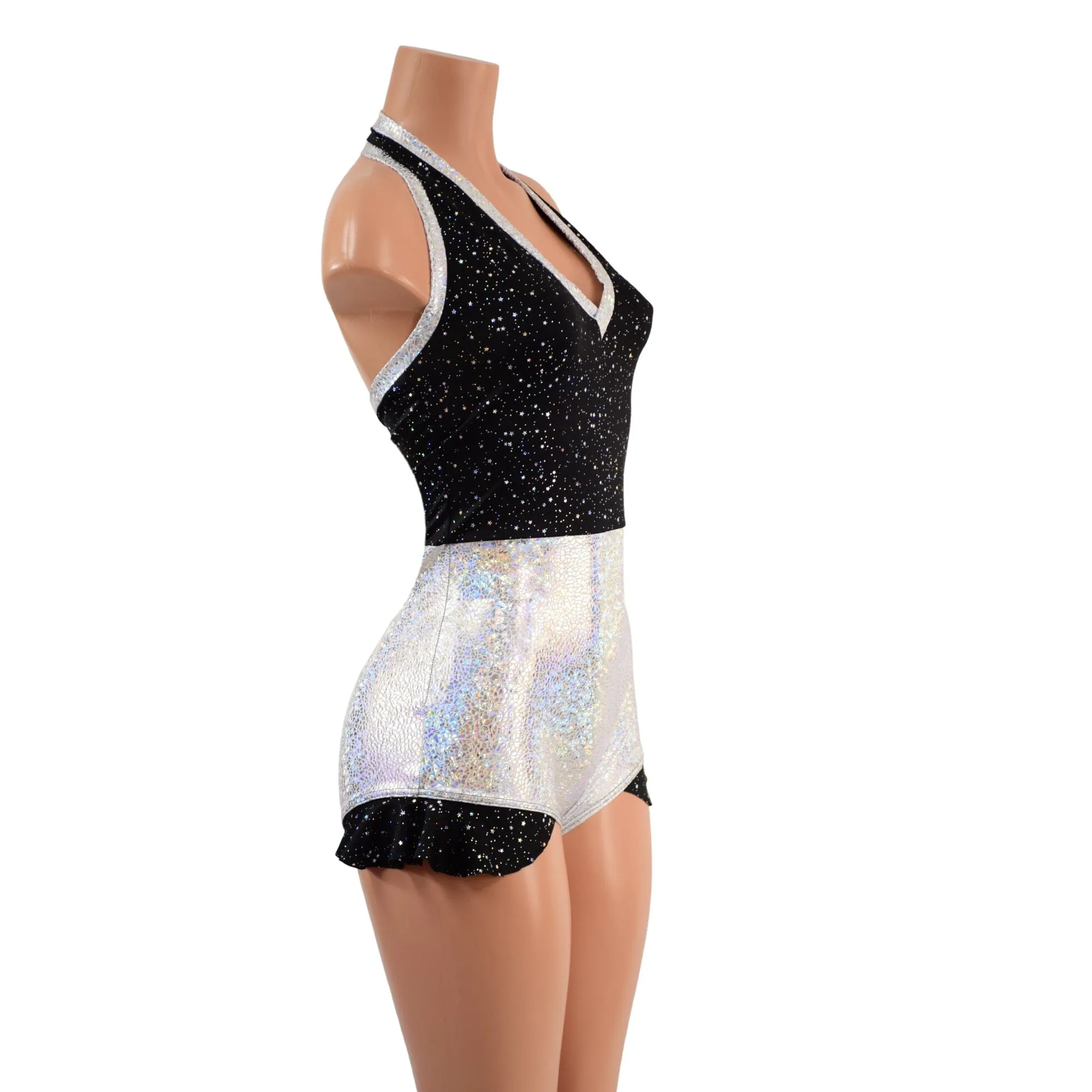 Backless Romper with Hip Ruffles in Star Noir and Silver on White Shattered Glass