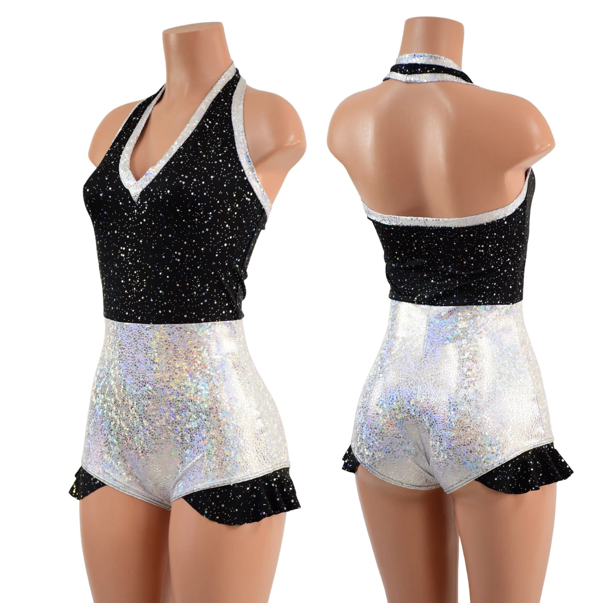 Backless Romper with Hip Ruffles in Star Noir and Silver on White Shattered Glass