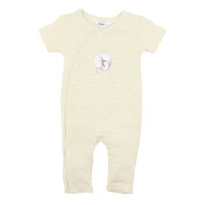 Bebe Unisex Mock Wrap Romper in Lemon Stripe