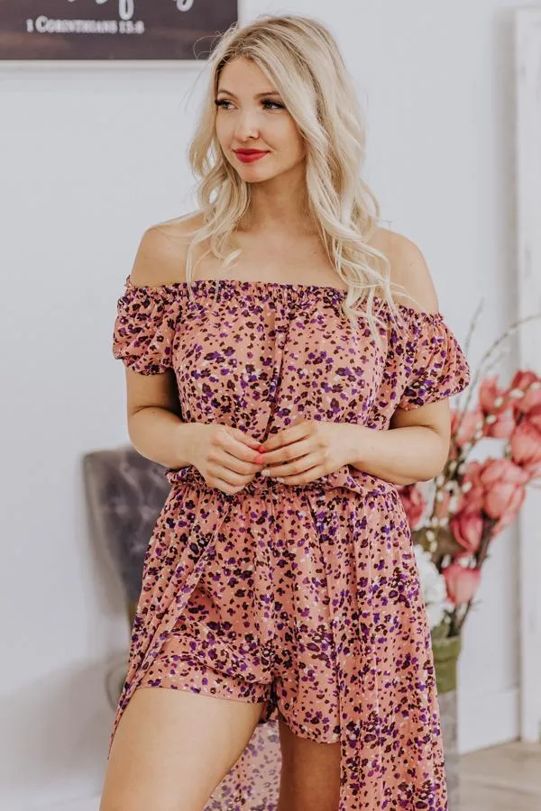 Before I Begin Leopard Puff Short Sleeve Front Slit Romper in Mauve