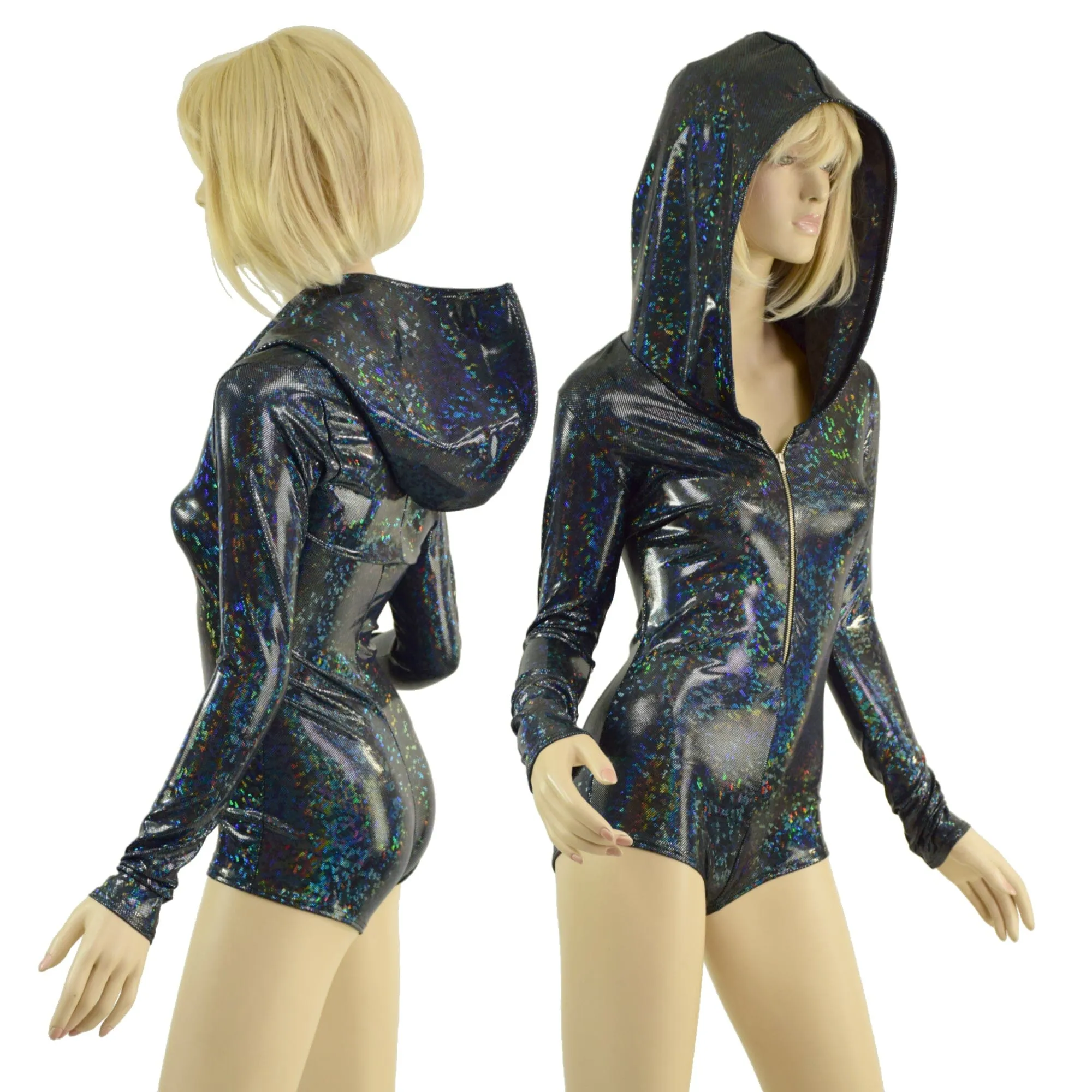 Black Kaleidoscope Hooded Romper with Silver Front Zipper, Long Sleeves & Boy Cut Leg