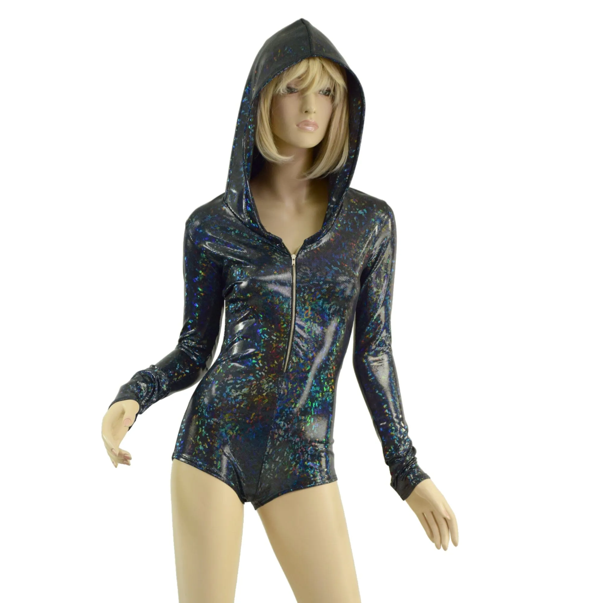 Black Kaleidoscope Hooded Romper with Silver Front Zipper, Long Sleeves & Boy Cut Leg