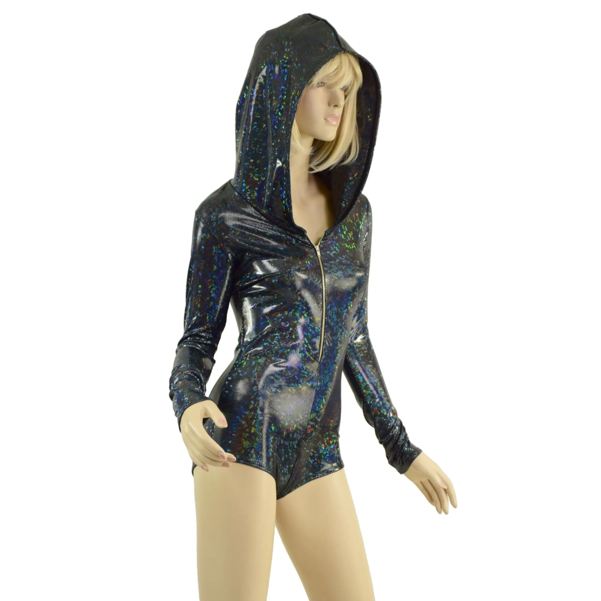 Black Kaleidoscope Hooded Romper with Silver Front Zipper, Long Sleeves & Boy Cut Leg