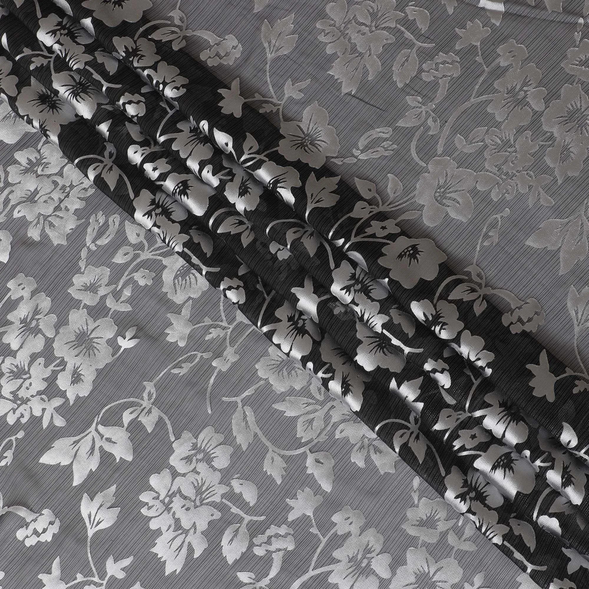 Black Premim pure silk chiffon fabric with silver jacquard in floral design-D15319