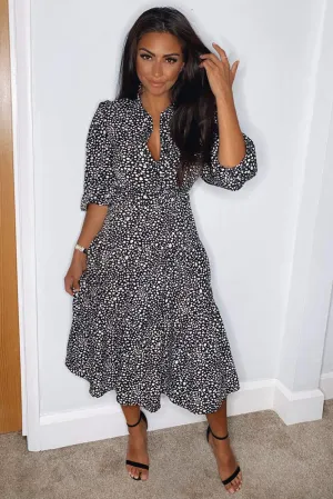 Black Printed Button Up Swing Midi Dress