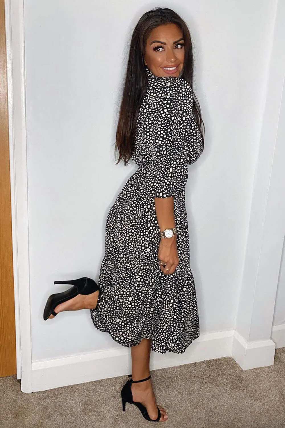 Black Printed Button Up Swing Midi Dress