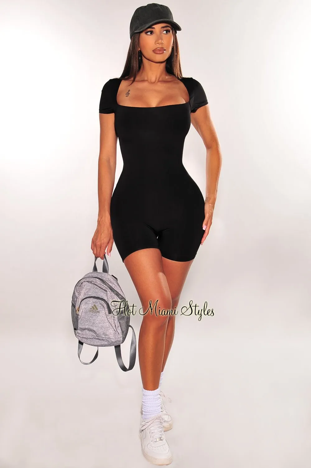 Black Short Sleeve Rounded Square Neck Romper