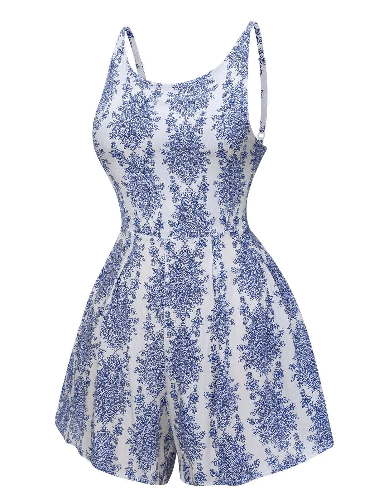 Blue 1950s Strap Print Backless Romper