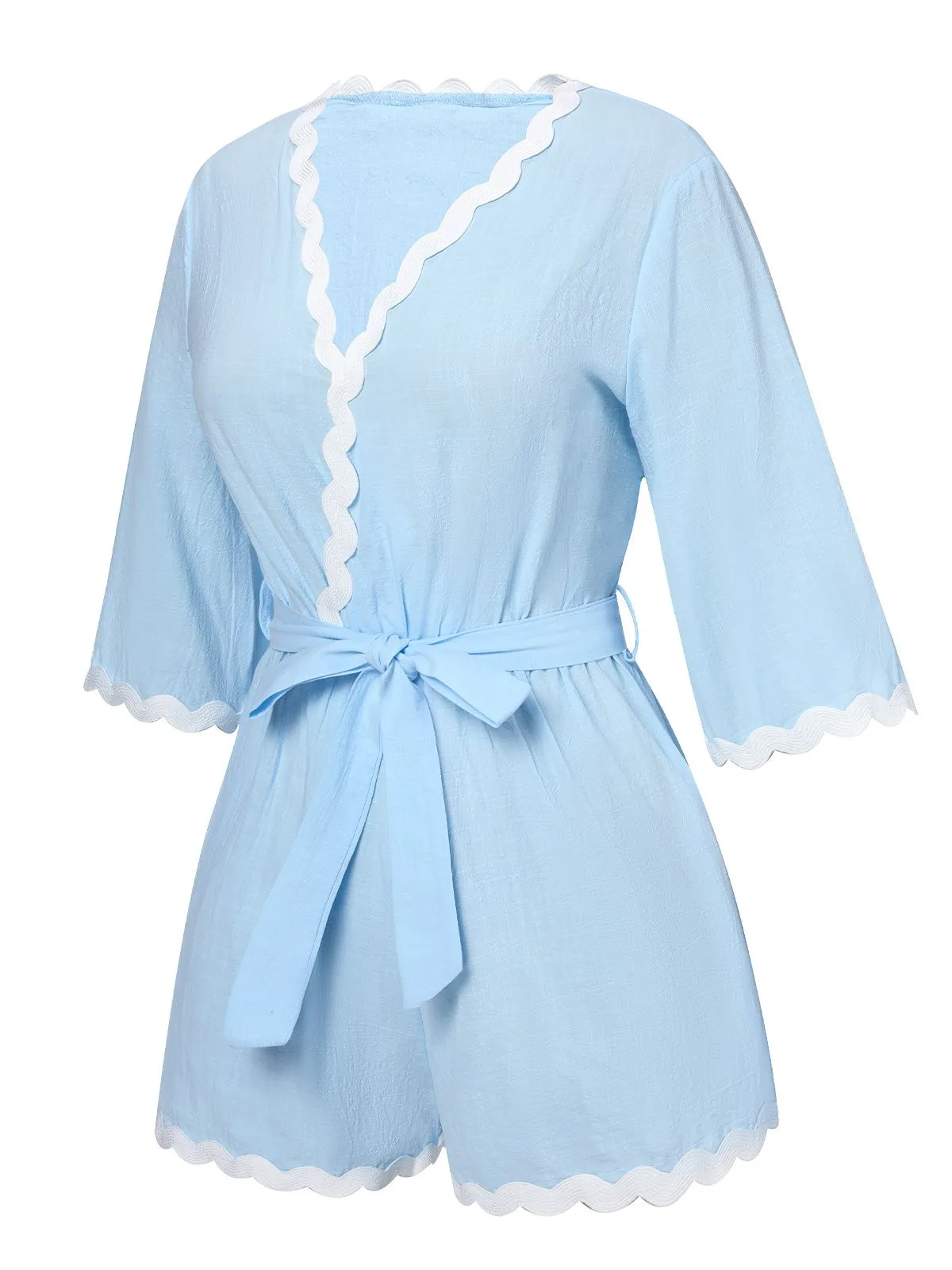 Blue 1950s V-Neck Solid Belted Romper