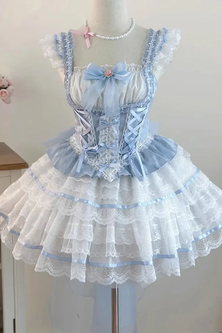 Blue [Girl Love] Double-Layered Bowknot Lace Sweet Ballet Lolita Skirt Set