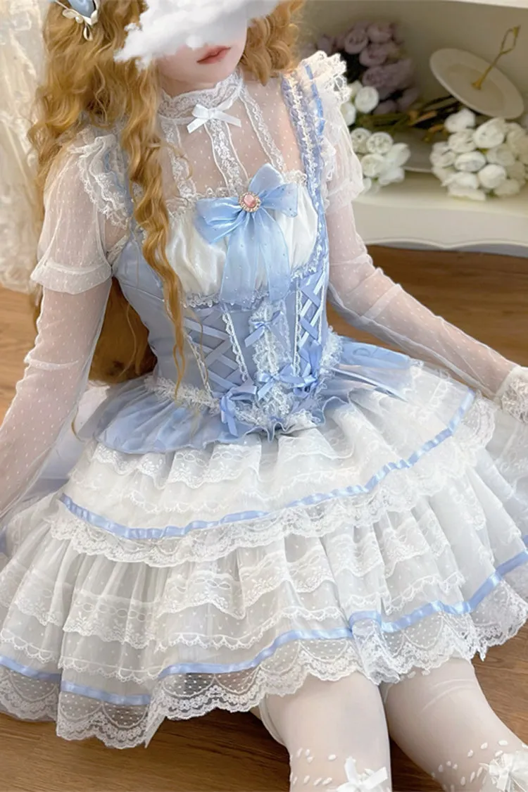 Blue [Girl Love] Double-Layered Bowknot Lace Sweet Ballet Lolita Skirt Set