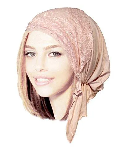 Boho Chic Champagne Pink Lace Head-scarf Tichel Embellished with Small Clear Rose Buttons! (Champagne pink - 334)