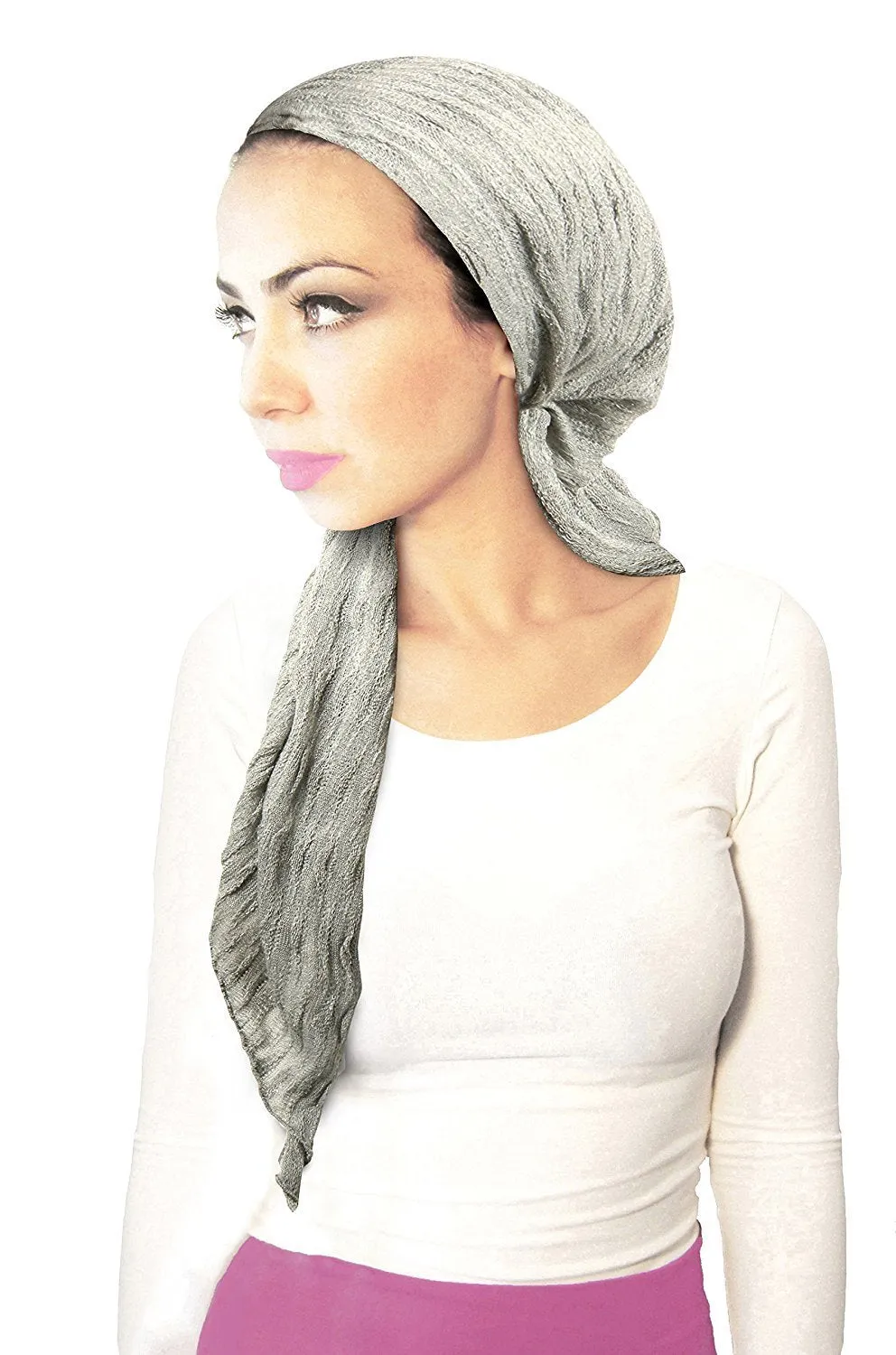 Boho Chic Grey Pre-tied Head-Scarf Tichel Textured Breathable Knit Collection In Our SIlver Ribbed Sparkle Knit! (Gray sparkle knit long - 406)