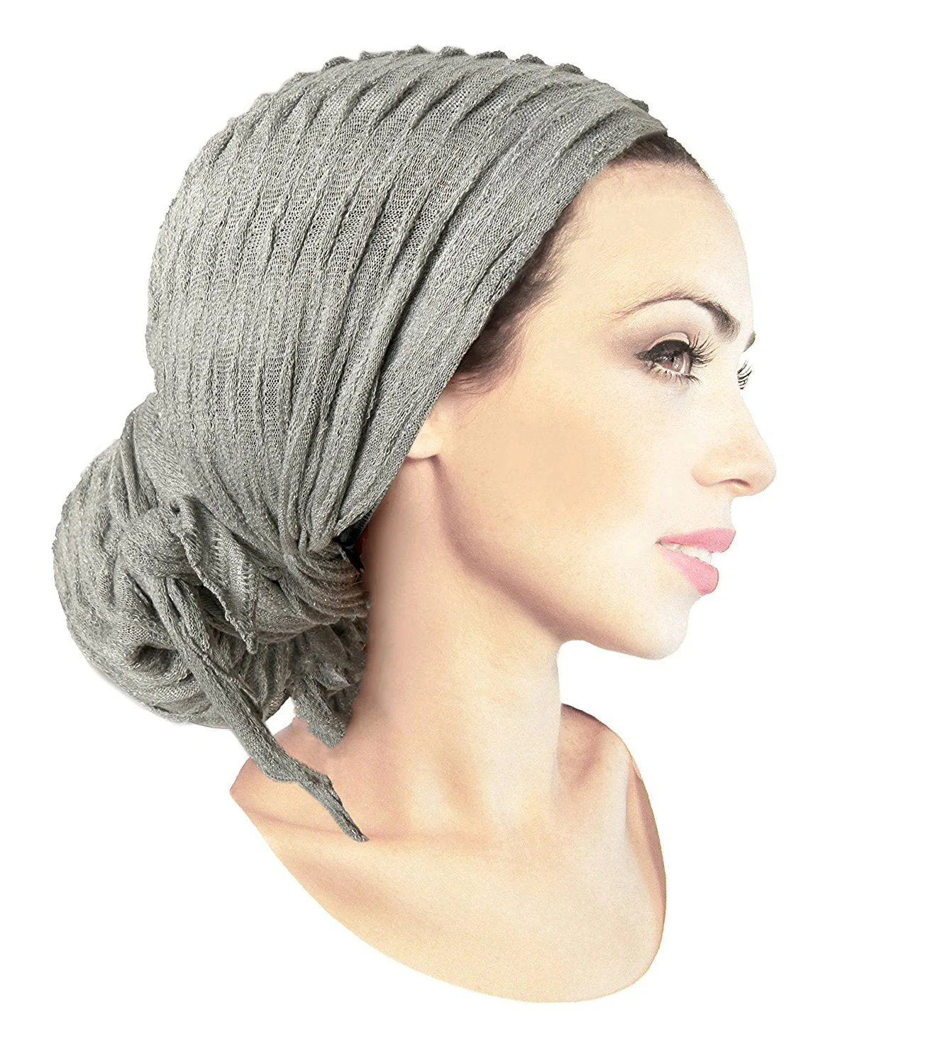 Boho Chic Grey Pre-tied Head-Scarf Tichel Textured Breathable Knit Collection In Our SIlver Ribbed Sparkle Knit! (Gray sparkle knit long - 406)