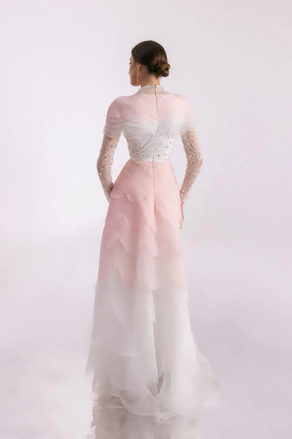 Bonilla Layered Long Sleeved Organza Floor Length Dress