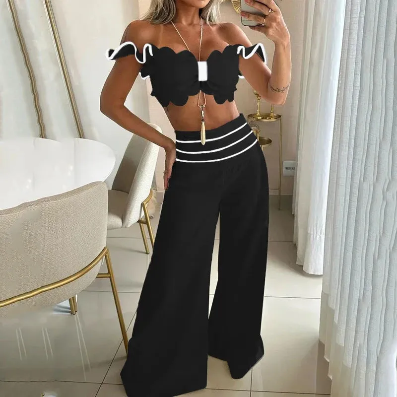 Bow short top wide leg pant suit