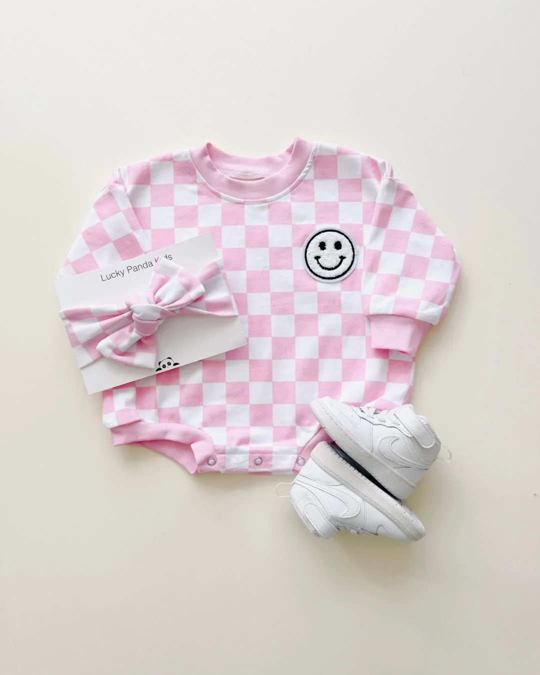 Bubble Romper | Checkered Smiley Pink