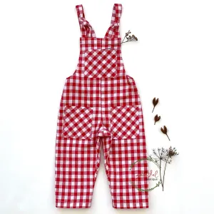 Check Cotton Dungarees- Red