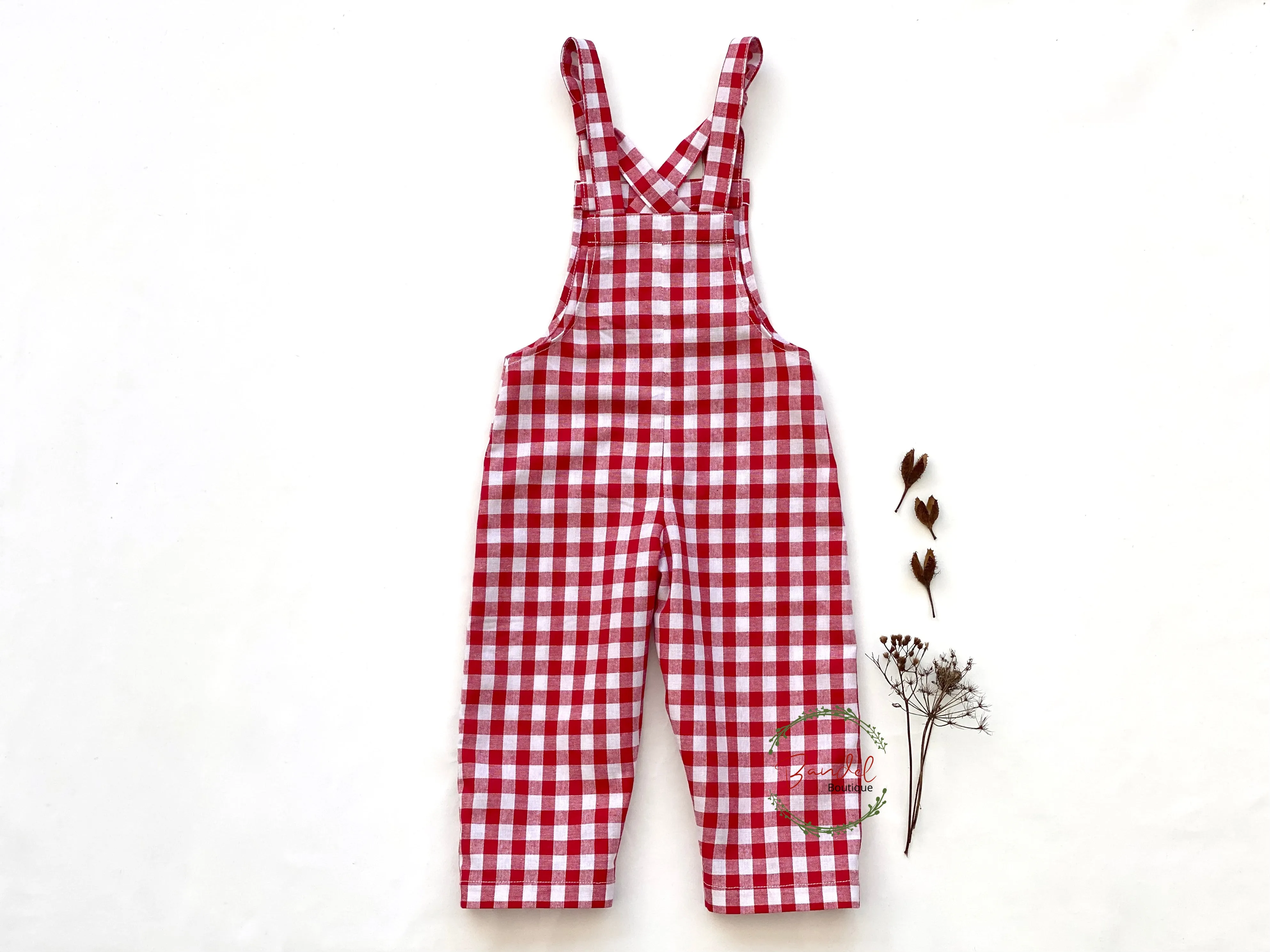 Check Cotton Dungarees- Red