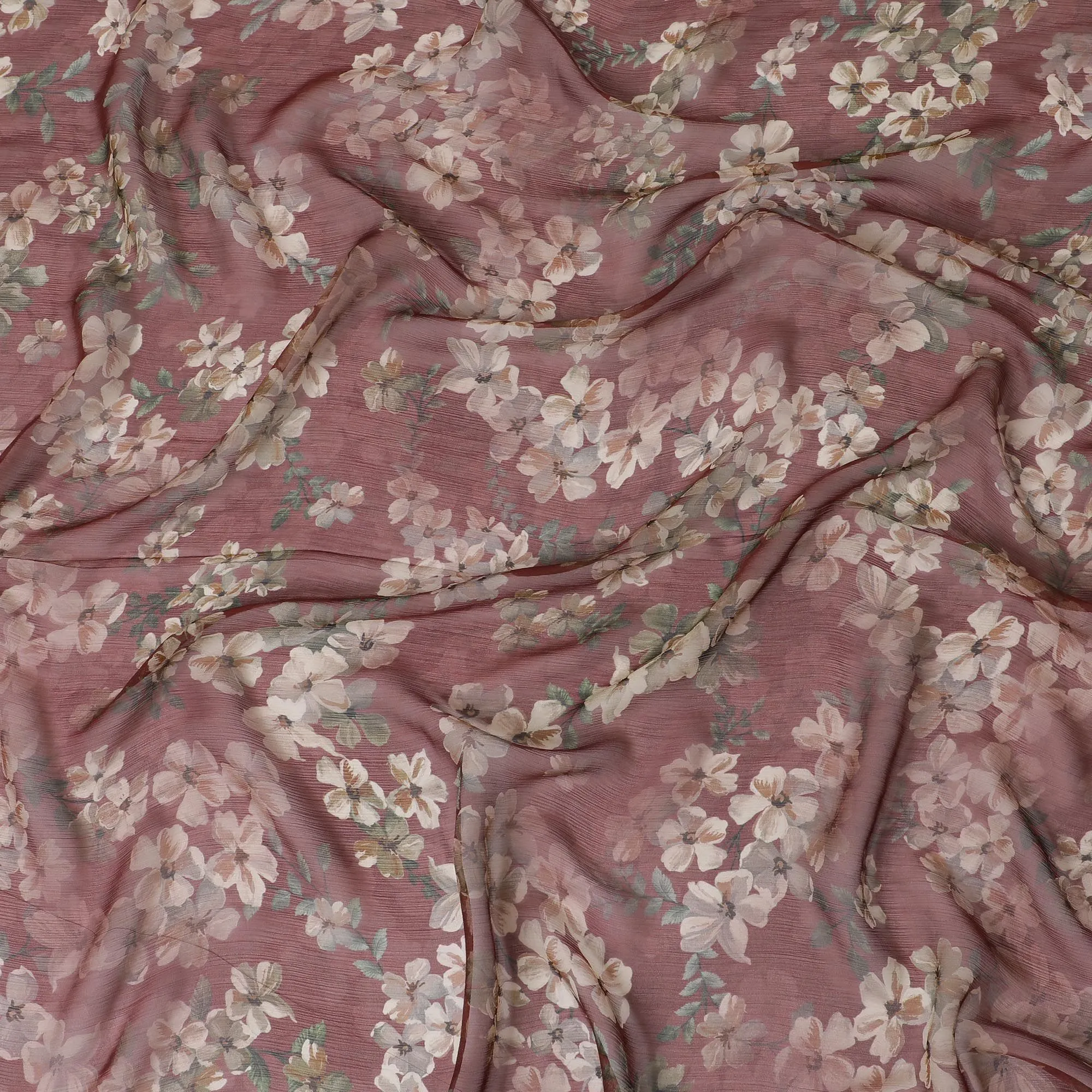 Chocolate brown Premium pure wrinkle silk chiffon fabric with multicolor print in floral design-D17008