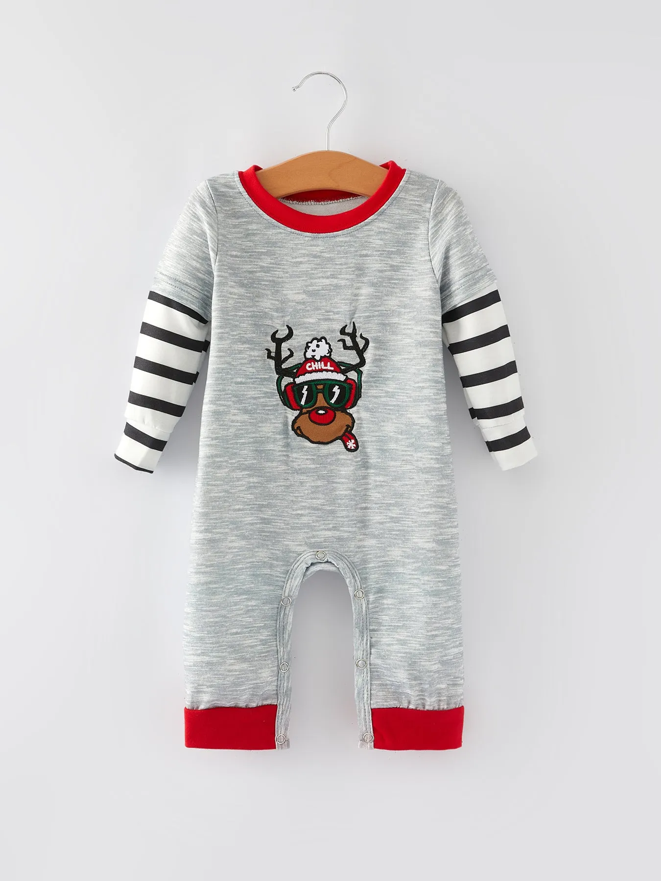 Christmas Reindeer Embroidery Striped Romper