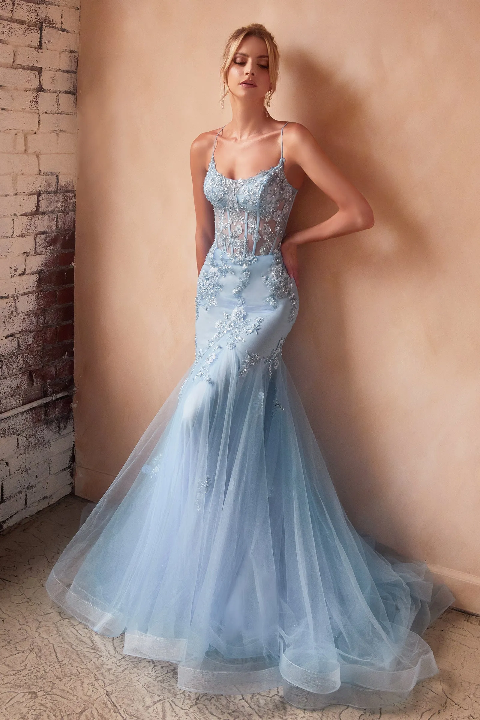 CINDERELLA DIVINE D145 Floral Sheer Mermaid Gown with Corset