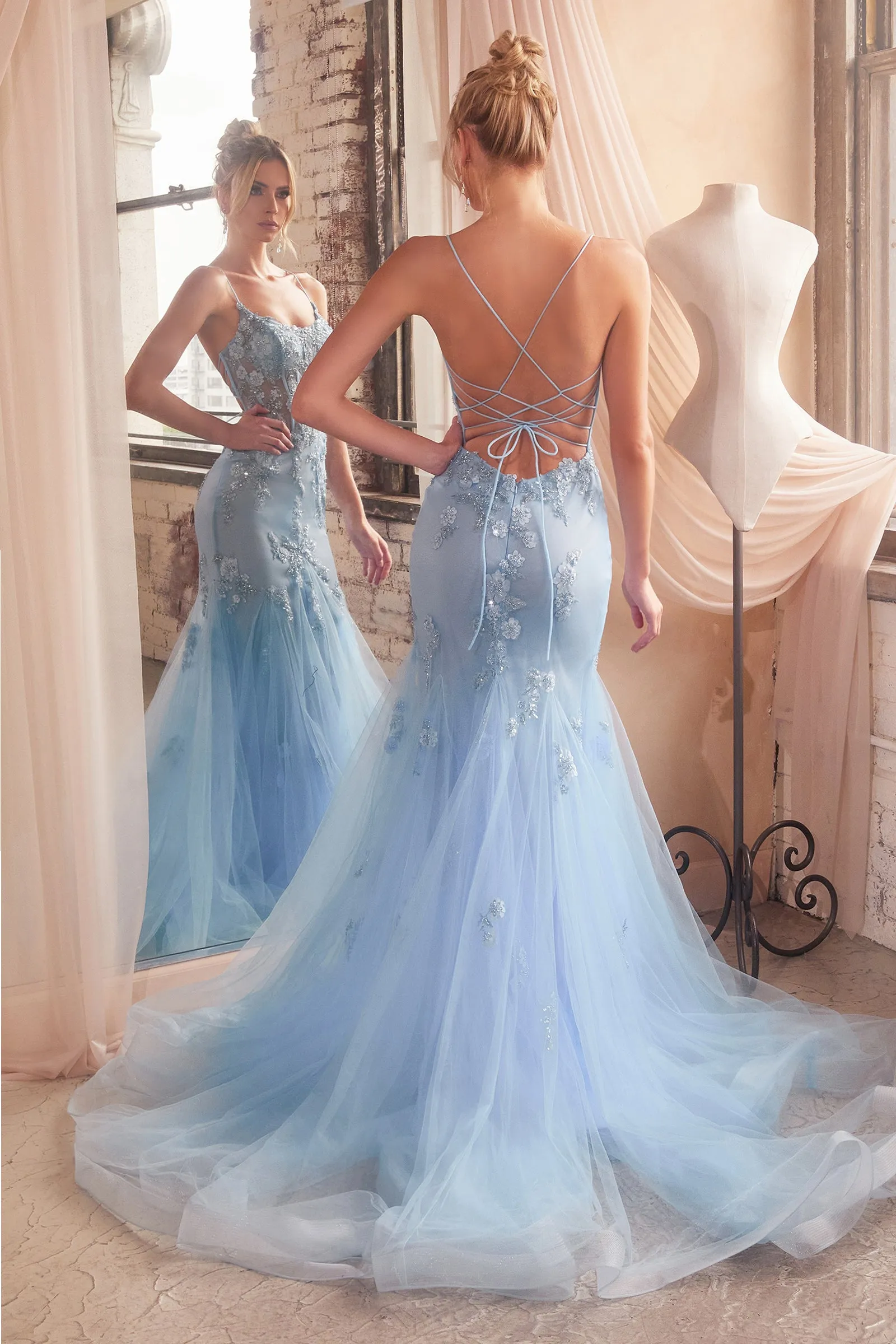 CINDERELLA DIVINE D145 Floral Sheer Mermaid Gown with Corset