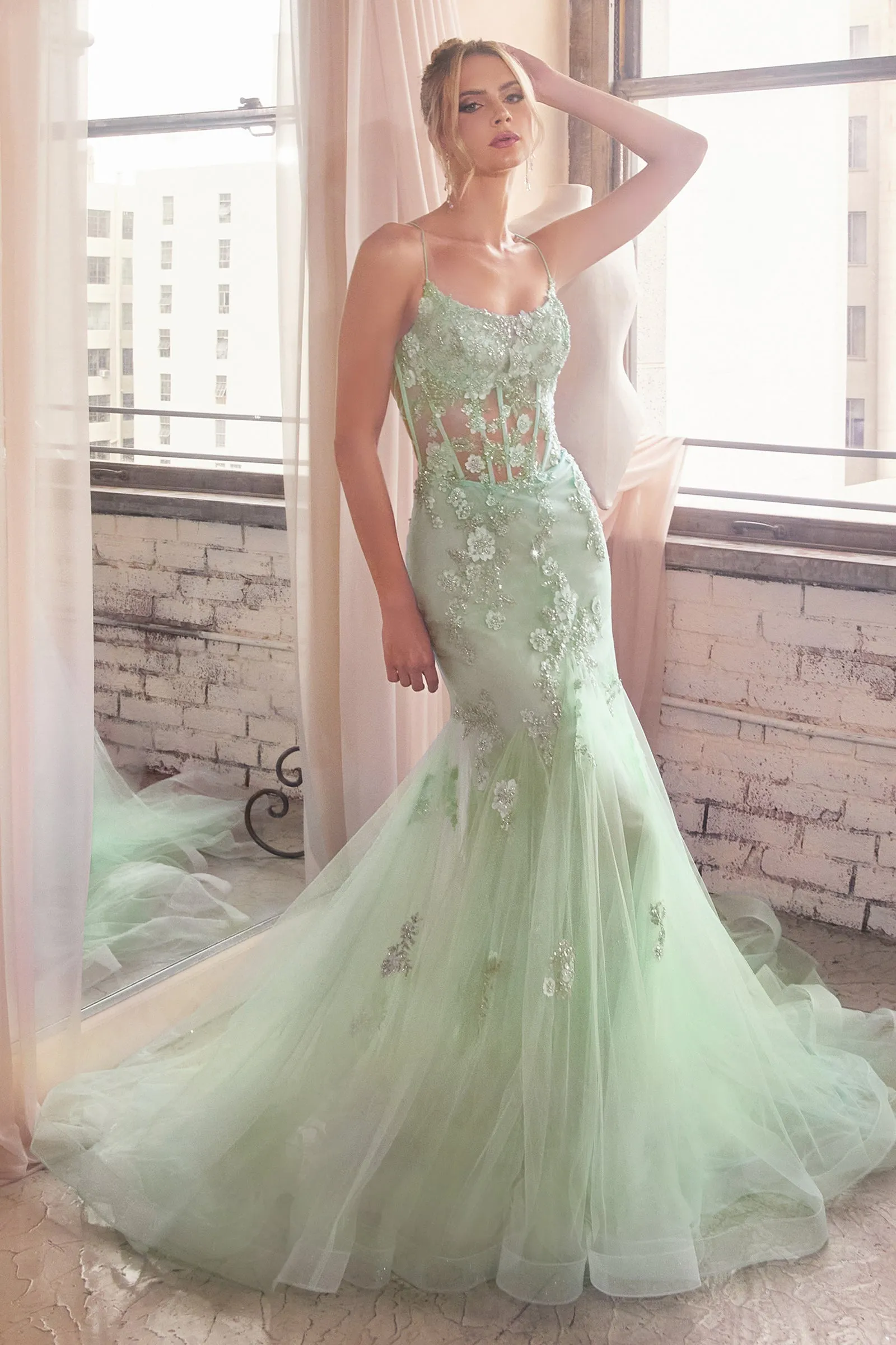 CINDERELLA DIVINE D145 Floral Sheer Mermaid Gown with Corset