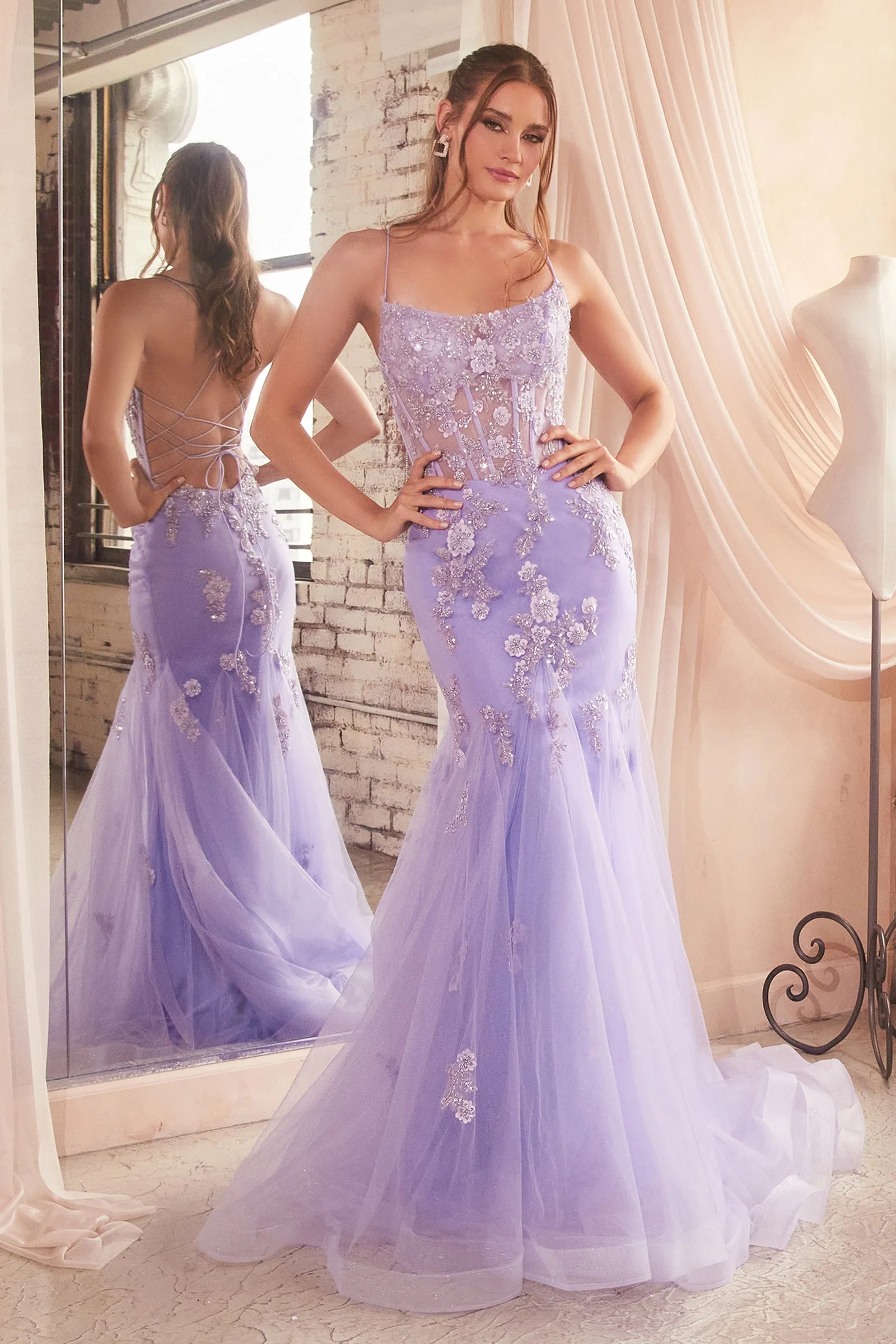 CINDERELLA DIVINE D145 Floral Sheer Mermaid Gown with Corset