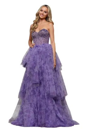 Colors Dress 3572 Sheer Beaded Corset Ruffle Print A Line Prom Dress Strapless Formal Gown