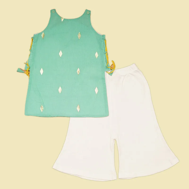 Cotton Kurta Set For Girl | Green & White