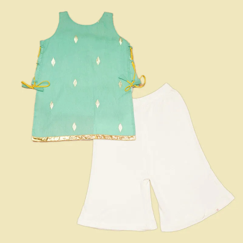 Cotton Kurta Set For Girl | Green & White