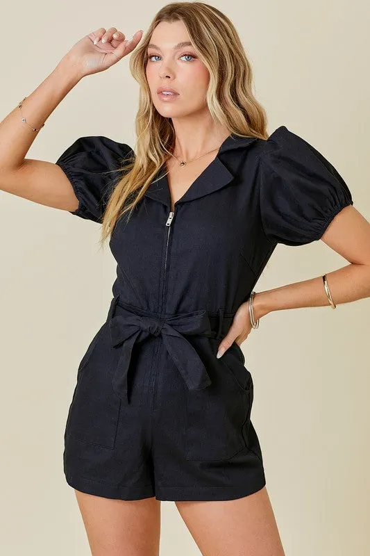 Denim Collared Zip Down Romper With Puff Sleeves