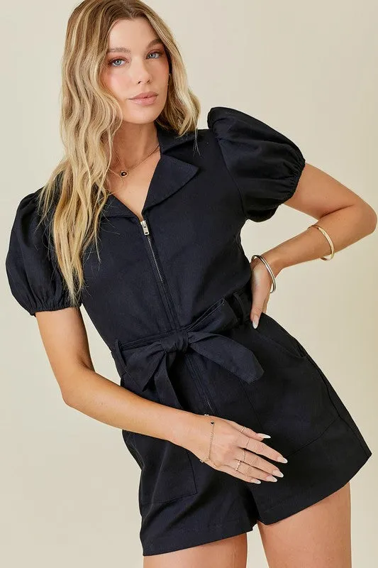 Denim Collared Zip Down Romper With Puff Sleeves