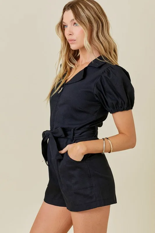 Denim Collared Zip Down Romper With Puff Sleeves