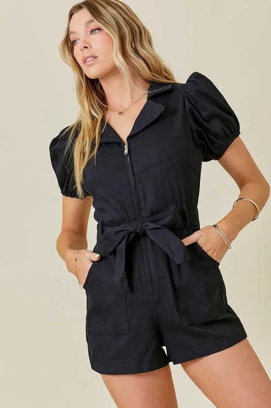 Denim Collared Zip Down Romper With Puff Sleeves