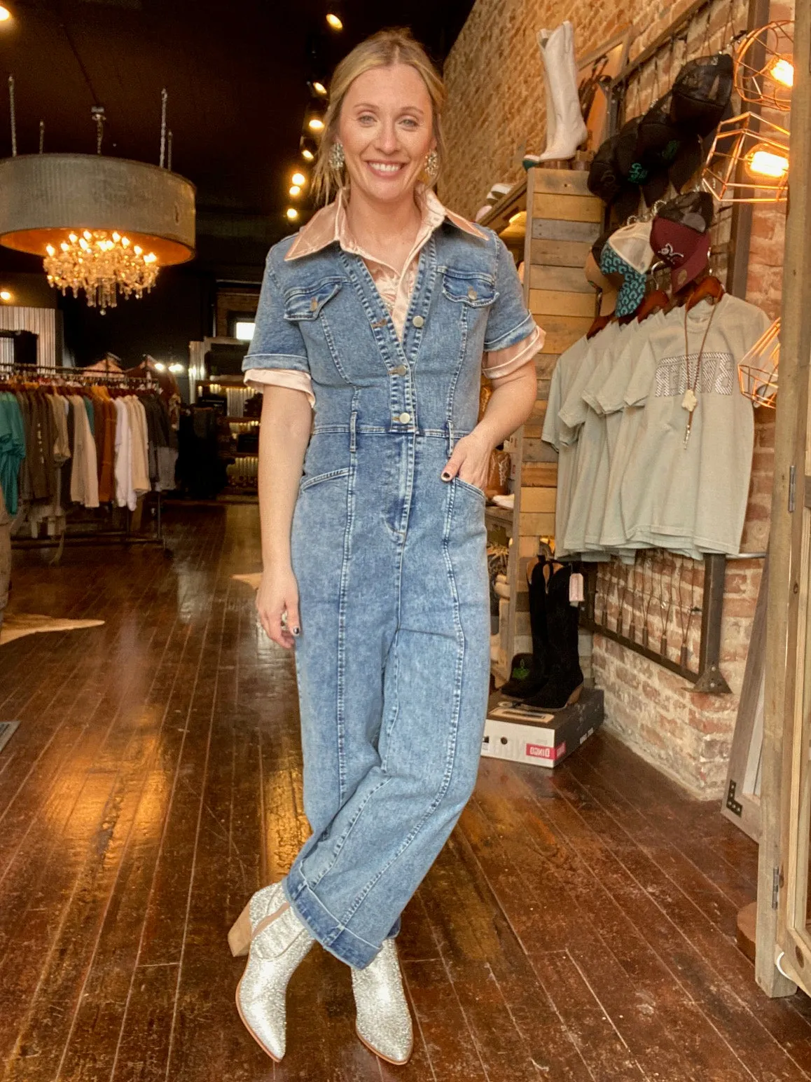 Donna Short Sleeve Cropped Denim Jumpsuit ✜ON SALE NOW✜