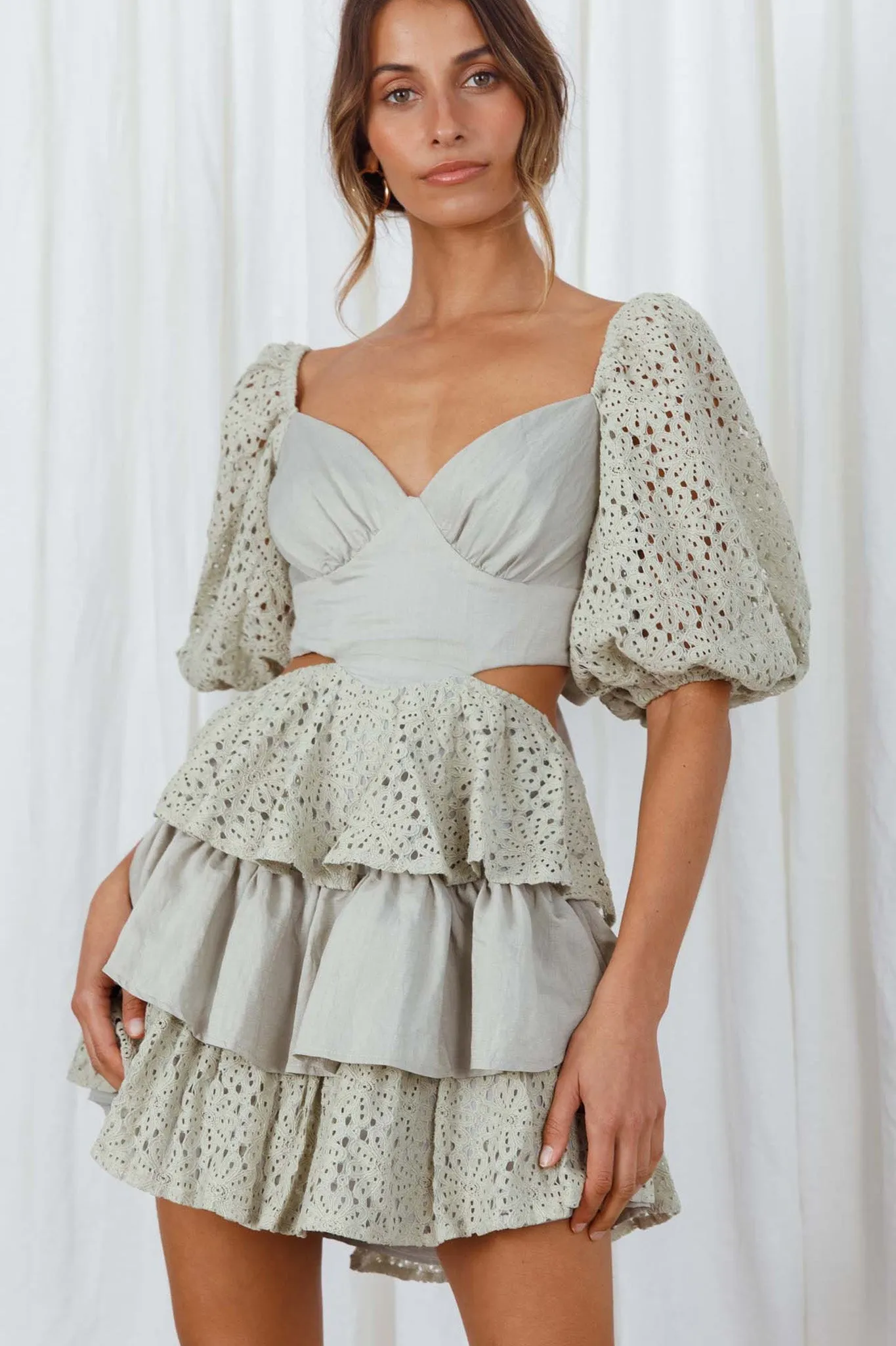 Emery Floral Lace Accent Layered Ruffle Tie Back Dress Avocado