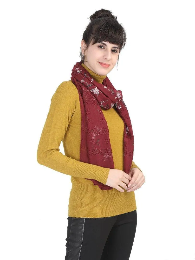 FabSeasons Maroon Leaf Printed Cotton Scarf For Women & Girls