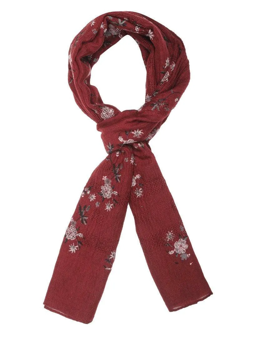 FabSeasons Maroon Leaf Printed Cotton Scarf For Women & Girls