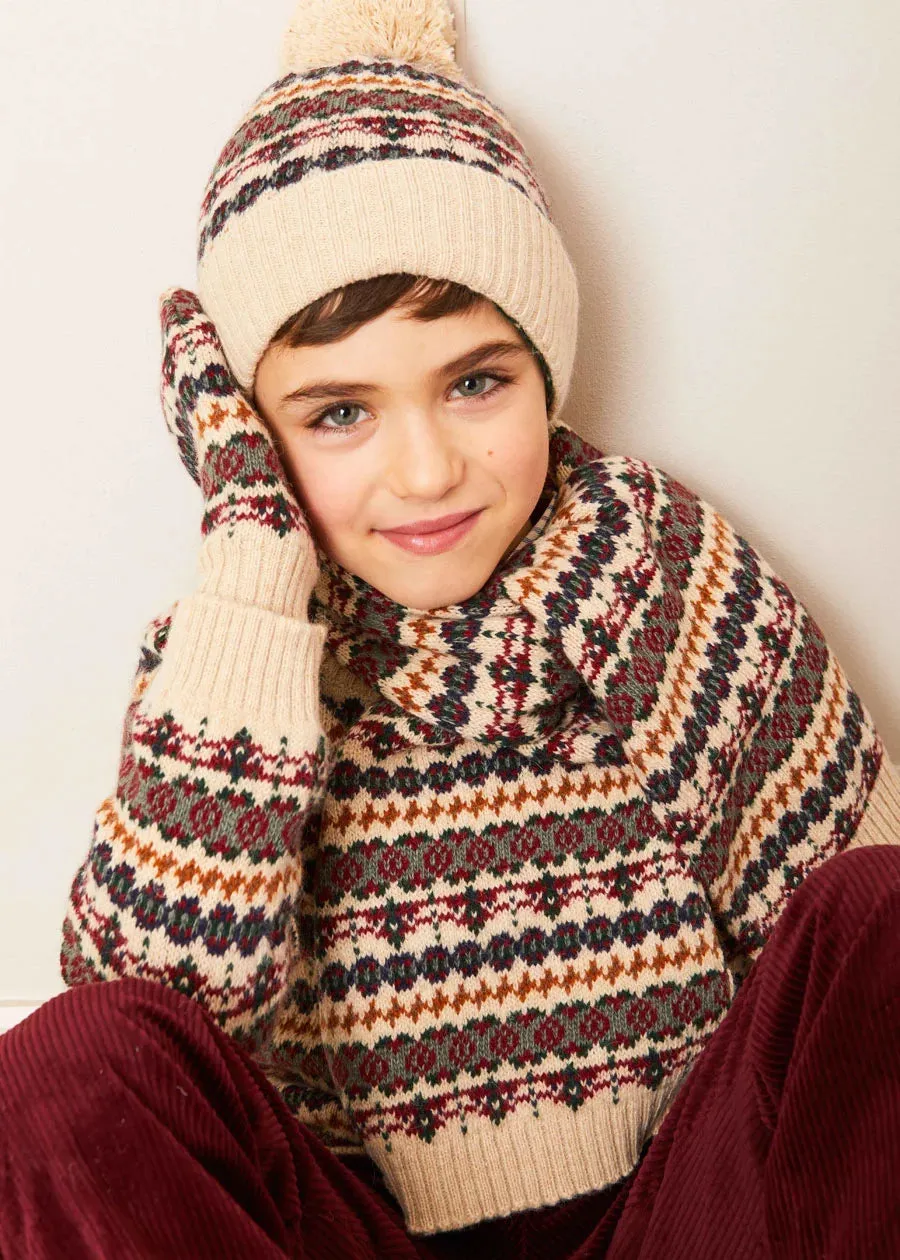 Fair Isle Knitted Scarf in Camel