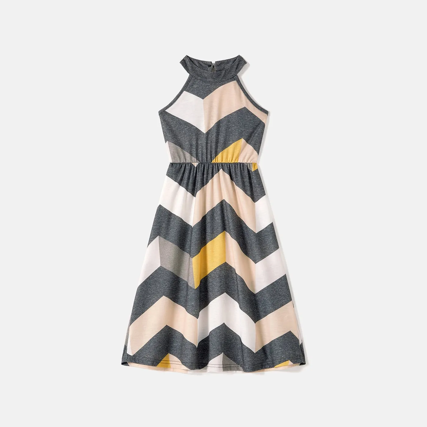 Family Matching Chevron Striped Halter Maxi Dresses and Short-sleeve Colorblock T-shirts Sets