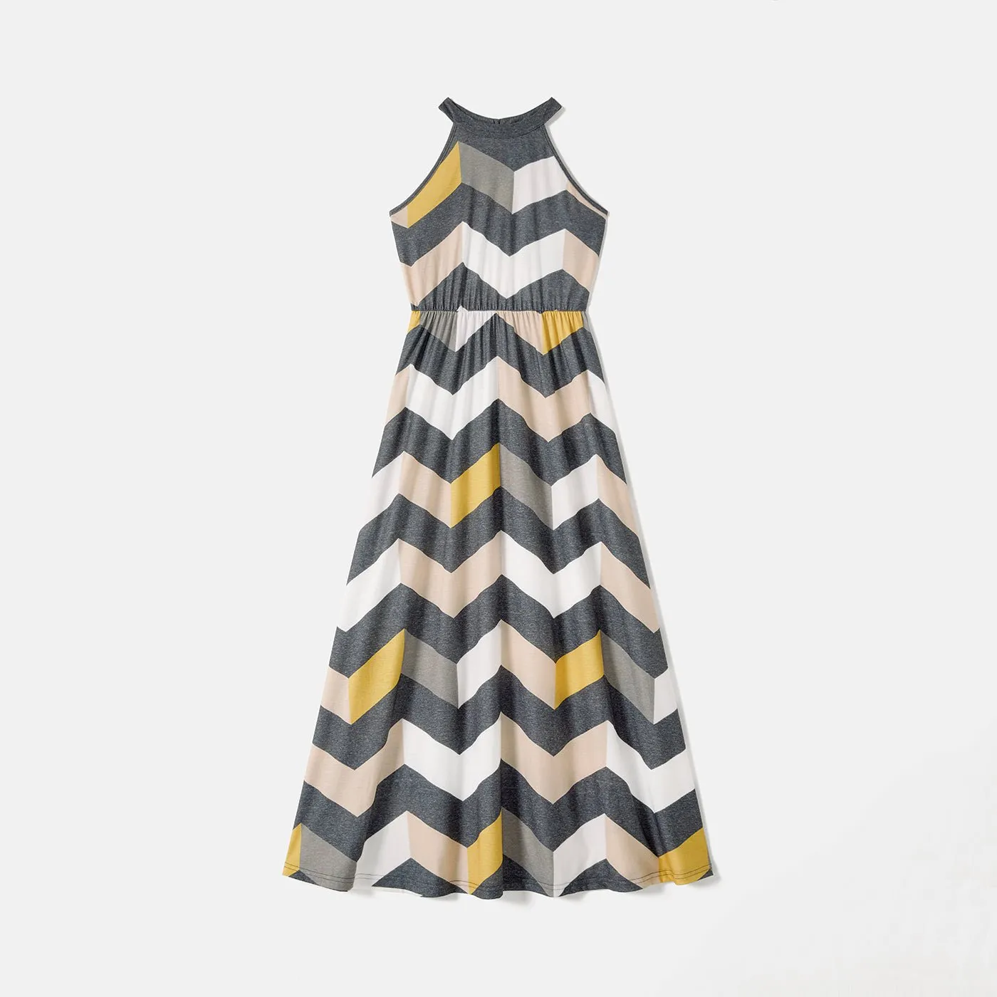 Family Matching Chevron Striped Halter Maxi Dresses and Short-sleeve Colorblock T-shirts Sets