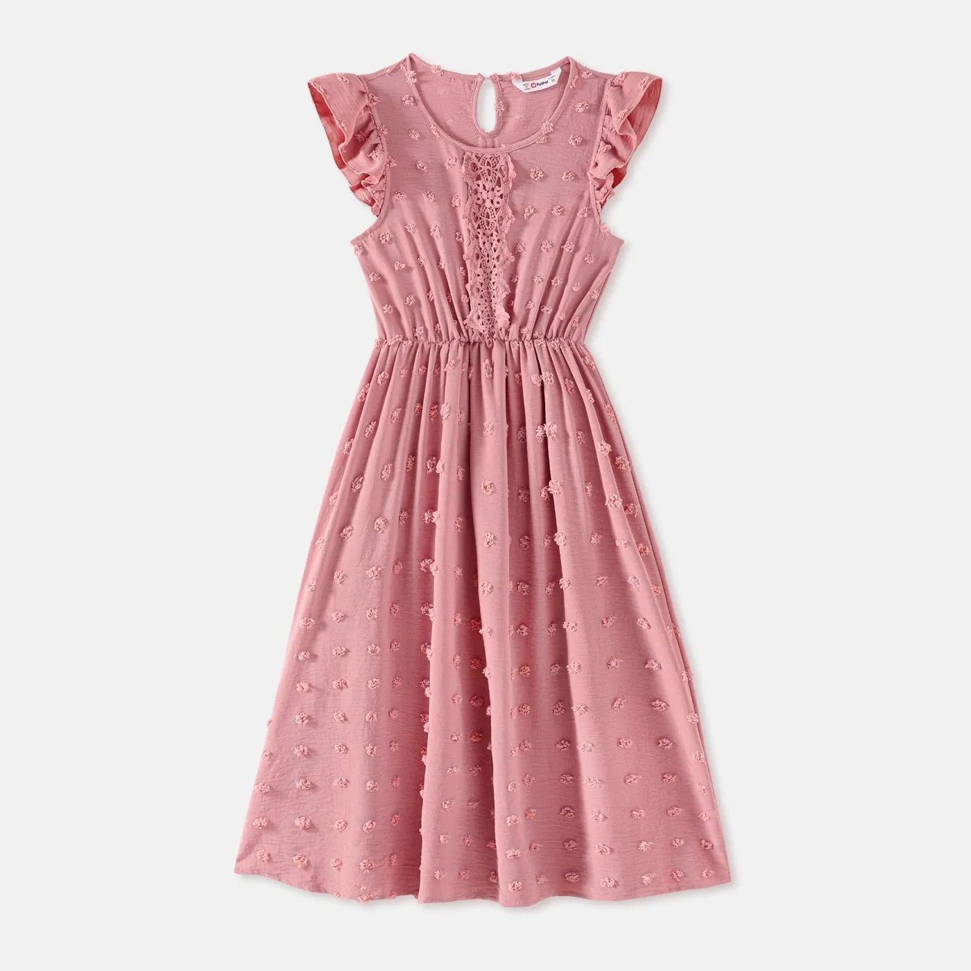 Family Matching Cotton Short-sleeve T-shirts and Pink Swiss Dot Lace Detail Flutter-sleeve Dresses Sets