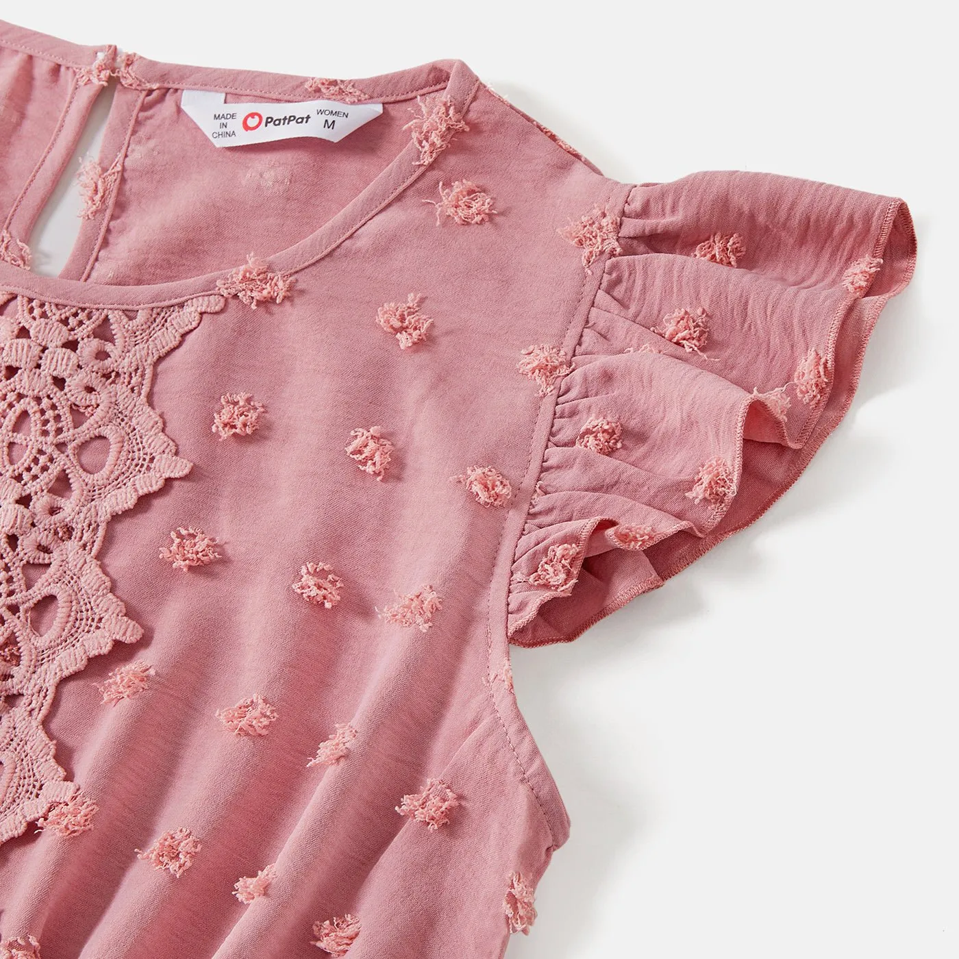 Family Matching Cotton Short-sleeve T-shirts and Pink Swiss Dot Lace Detail Flutter-sleeve Dresses Sets