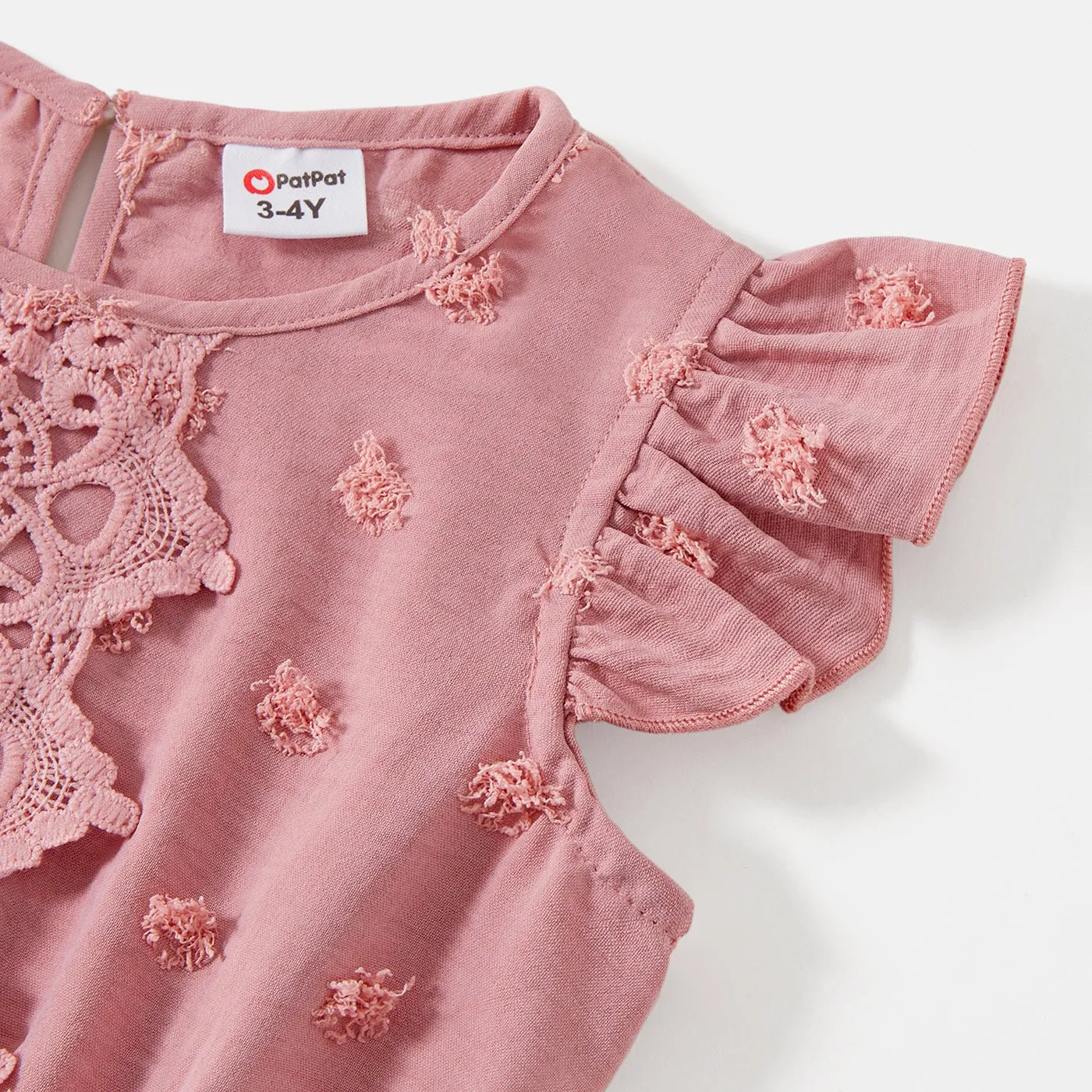 Family Matching Cotton Short-sleeve T-shirts and Pink Swiss Dot Lace Detail Flutter-sleeve Dresses Sets