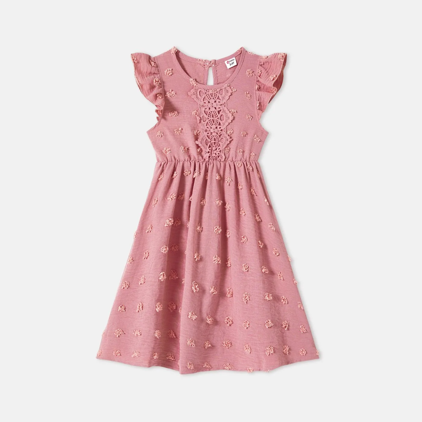 Family Matching Cotton Short-sleeve T-shirts and Pink Swiss Dot Lace Detail Flutter-sleeve Dresses Sets