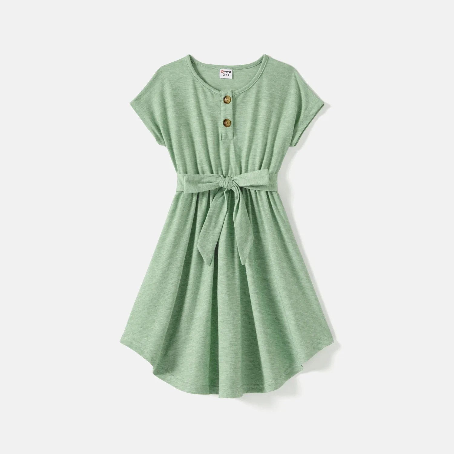 Family Matching Solid Short-sleeve Belted Dresses and Striped Colorblock T-shirts Sets